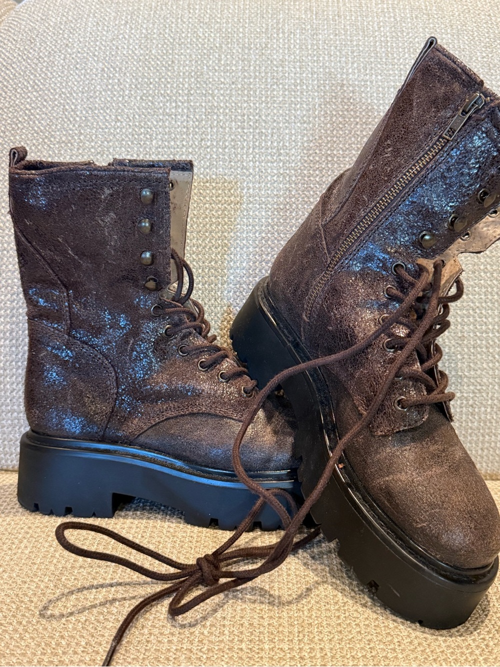 New Women’s Leather Chunky Platform Lace-Up Boots in Metallic Brown